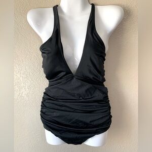 Ann Taylor Loft Black Ruched Halter V-Neck One Piece Vacation Swimsuit NWT